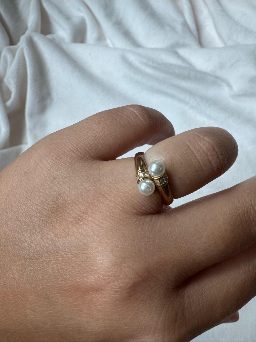 Vintage 18K Gold Plated Pearl Double-Set Open Ring